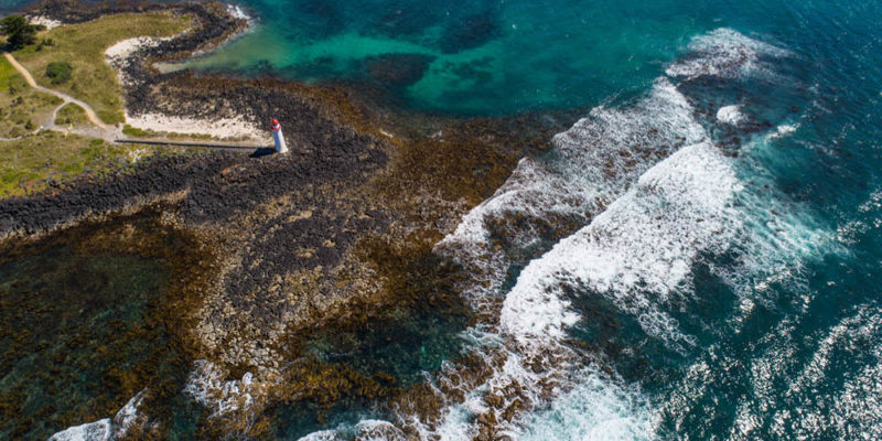 Birds eye view above the Port Fairy foreshore.