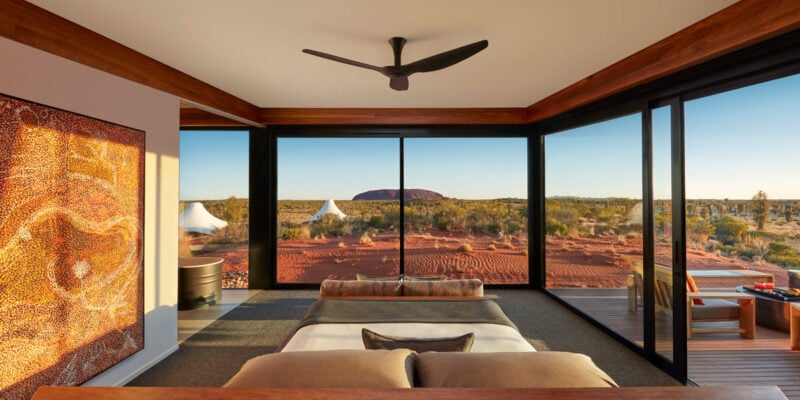 a look inside a luxury tent with scenic views of Uluru at Longitude 131