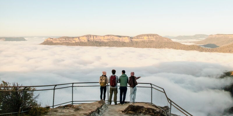 hikers overlooking the Olympian Rock Lookout, Blue Mountains National Park